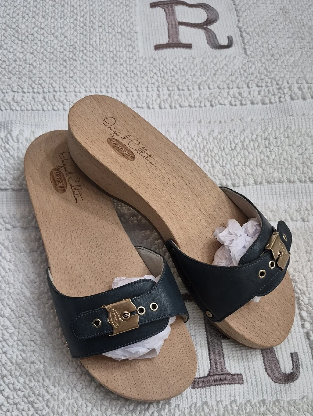 ORIGINAL COLLECTION/ DR. SCHOLLS Blue Leather Slide Sandals Gold Buckle 10 - Picture 1 of 12